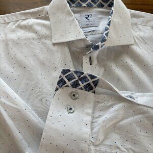 R2 Men's Organic Cotton White Blue Dot Shirt 17 1/2"